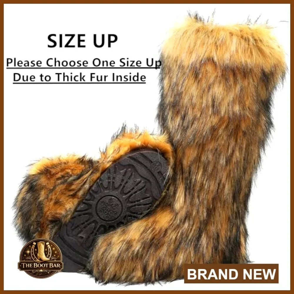 Faux Fur Knee High Snow Boots Y2K Winter Warm Soft Slip On Mid Calf - Picture 4 of 7